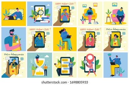 Vector illustration of Connection, Team leader, Online review, Time mamagement, Coworking space, Save the planet, Start up, Team work backgrounds
