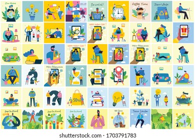 Vector illustration of Connection, Team leader, Online review, Time mamagement, Coworking space, Save the planet, Start up, Work at home, Team work backgrounds