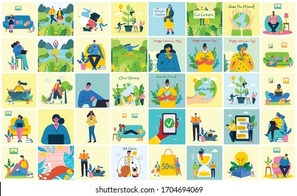 Vector illustration of Connection, Team leader, Online review, Time mamagement, Coworking space, Save the planet, Start up, Work at home, Team work backgrounds