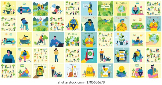 Vector illustration of Connection, Team leader, Online review, Time mamagement, Coworking space, Save the planet, Start up, Work at home, Team work backgrounds