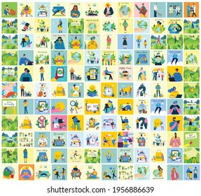 Vector illustration of Connection, Team leader, Online review, Time management, coworking space, Save the planet, Start up, Team work backgrounds