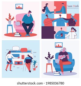 Vector illustration of Connection, Team leader, Online review, Time management, coworking space, Save the planet, Start up, Team work