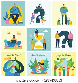 Vector illustration of Connection, Team leader, Online review, Time management, coworking space, Save the planet, Start up, Team work backgrounds