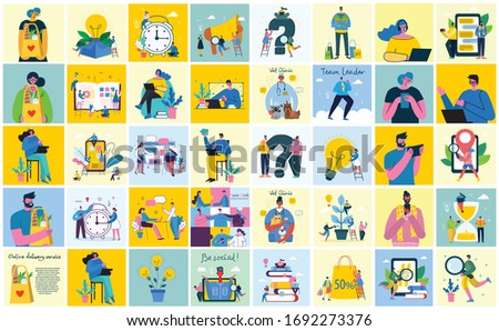 Vector illustration of Connection, Team leader, Online review, Time mamagement, Coworking space, Save the planet, Start up, Team work backgrounds
