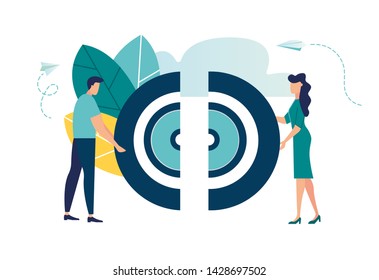 Vector illustration, the connection of the two halves of the target puzzle, teamwork, cooperation