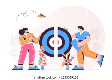 Vector illustration, the connection of the two halves of the target puzzle, teamwork, cooperation
