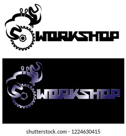 
Vector illustration consisting of a crab with wrenches and gear and the words "workshop"