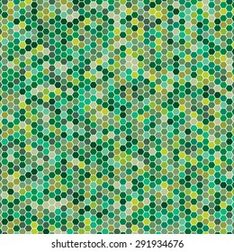 Vector illustration consisting of green honeycomb tiles. Creative abstract hexagon pixel, tile, mosaic geometric background, banner. Pattern for your kitchen, bathroom, floor, pool, roof.