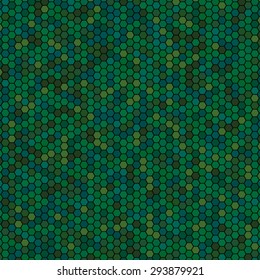 Vector illustration consisting of green honeycomb tiles. Creative abstract hexagon pixel, tile, mosaic geometric background, banner. Pattern for your kitchen, bathroom, floor, pool, roof.