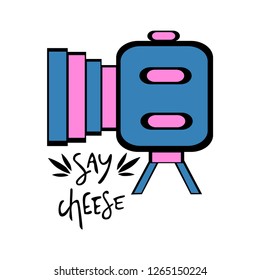 Vector illustration consisting photo camera, lettering, doodle, logo. 