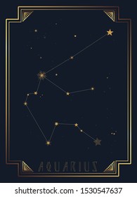 Vector illustration of the constellation Aquaris on a starry dark sky background with golden decorative elements.