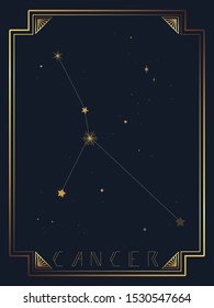 Vector illustration of the constellation Cancer on a starry dark sky background with golden decorative elements.