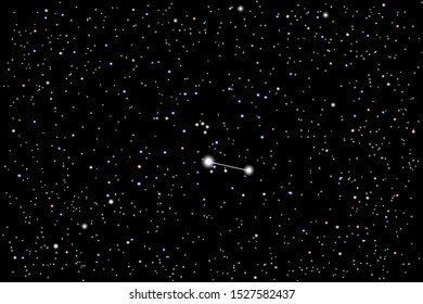 Vector illustration of the constellation  Canes Venatici (Hunting Dogs) on a starry black sky background. The astronomical cluster of stars in the constellation in the northern hemisphere. 
