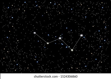 Vector illustration of the constellation Cassiopeia on a background of the starry sky. Mythical character in Greek mythology. Astronomical cluster of stars in space