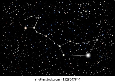 Vector illustration of the constellation Cetus (whale) on a starry black sky background. The astronomical cluster of stars in the constellation in equatorial sector of the sky