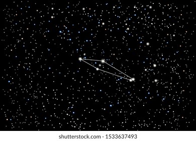 Vector illustration of the constellation Chamaeleon (Chameleon) on a starry black sky background. The astronomical cluster of stars in the Southern Celestial Hemisphere