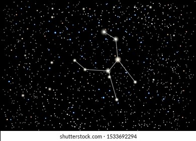 Vector illustration of the constellation Crater (cup) on a starry black sky background. The astronomical cluster of stars in the Southern Celestial Hemisphere