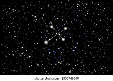 Vector illustration of the constellation Crux (Southern Cross) on a starry black sky background. The astronomical cluster of stars in the Southern Celestial Hemisphere