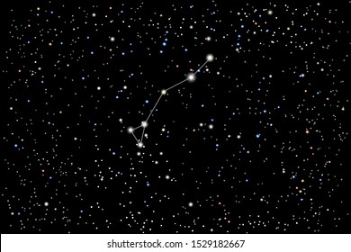 Vector illustration of the constellation Dorado (dolphinfish) on a starry black sky background. The astronomical cluster of stars in the Southern Celestial Hemisphere 