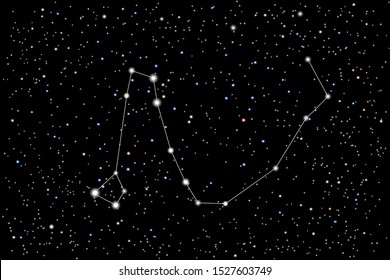 Vector illustration of the constellation  Draco (Dragon) on a starry black sky background. The astronomical cluster of stars in the constellation in the northern celestial hemisphere. 