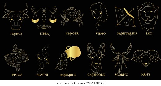 Vector illustration of the constellation of the gold zodiac signs isolated on black background.
Astrology and making a horoscope.