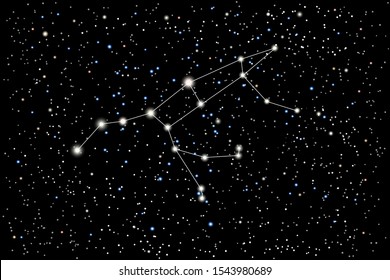 Vector illustration of the constellation Great Bear on a starry black sky background. Big Dipper or the Plough is a large asterism of the constellation Ursa Major.  