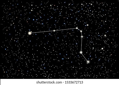 Vector illustration of the constellation Horologium (Pendulum Clock) on a starry black sky background. The astronomical cluster of stars in the Southern Celestial Hemisphere
