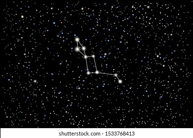 Vector illustration of the constellation Lacerta (Lizard) on a starry black sky background. The astronomical cluster of stars in the constellation in the northern celestial hemisphere. 