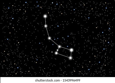 Vector illustration of the constellation Lesser Bear on a starry black sky background. Little Dipper is a asterism of the constellation Ursa Minor. North Star and North Pole of the world.