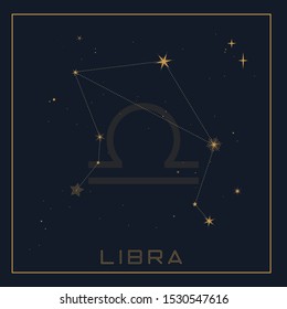 Vector illustration of the constellation Libra on a starry dark sky background with zodiac symbol.