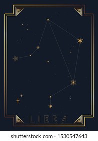 Vector illustration of the constellation Libra on a starry dark sky background with golden decorative elements.