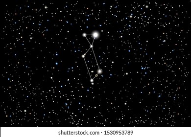 Vector illustration of the constellation Lyra (Lyre) on a starry black sky background. The astronomical cluster of stars in the constellation in the northern celestial hemisphere. 