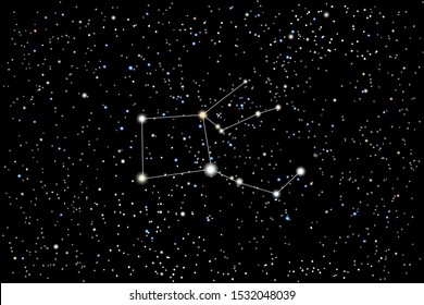 Vector illustration of the constellation Pegasus (Winged Horse) on a starry black sky background. The astronomical cluster of stars in the constellation in the northern celestial hemisphere. 