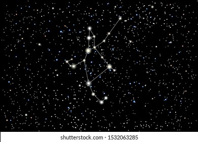 Vector illustration of the constellation Perseus on a starry black sky background. The astronomical cluster of stars in the constellation in the northern celestial hemisphere. 