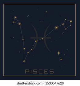 Vector illustration of the constellation Pisces on a starry dark sky background with zodiac symbol.