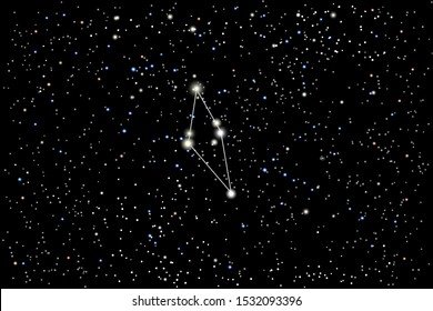 Vector illustration of the constellation Reticulum (Reticle, reticule) on a starry black sky background. The astronomical cluster of stars in the Southern Celestial Hemisphere