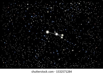 Vector illustration of the constellation Sagitta (Arrow) on a starry black sky background. The astronomical cluster of stars in the constellation in the northern celestial hemisphere. 