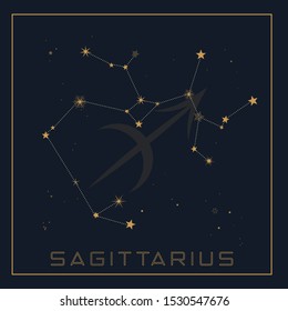 Vector illustration of the constellation Sagittarius on a starry dark sky background with zodiac symbol.