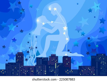 vector illustration of constellation - sign of the zodiac in the night sky over the city