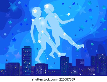 vector illustration of constellation - sign of the zodiac in the night sky over the city