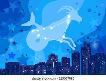 vector illustration of constellation - sign of the zodiac in the night sky over the city