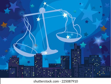 vector illustration of constellation - sign of the zodiac in the night sky over the city