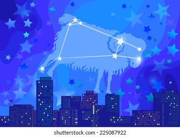 vector illustration of constellation - sign of the zodiac in the night sky over the city