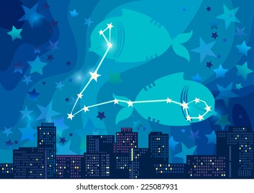 vector illustration of constellation - sign of the zodiac in the night sky over the city