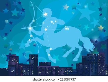 vector illustration of constellation - sign of the zodiac in the night sky over the city