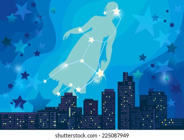 vector illustration of constellation - sign of the zodiac in the night sky over the city