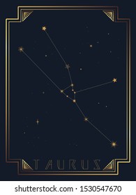 Vector illustration of the constellation Taurus on a starry dark sky background with golden decorative elements.