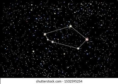 Vector illustration of the constellation Tucana (toucan) on a starry black sky background. The astronomical cluster of stars in the Southern Celestial Hemisphere