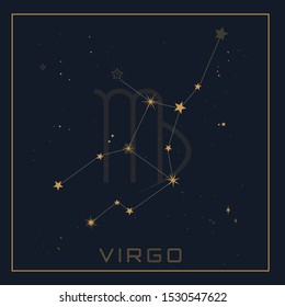 Vector illustration of the constellation Virgo on a starry dark sky background with zodiac symbol.