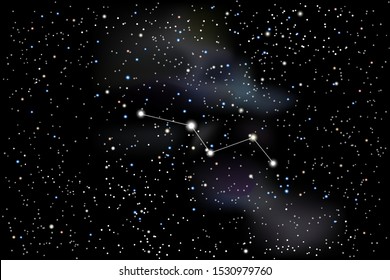 Vector illustration of the constellation Vulpecula (Fox) on a starry black sky background. The astronomical cluster of stars in the constellation in the northern celestial hemisphere. 